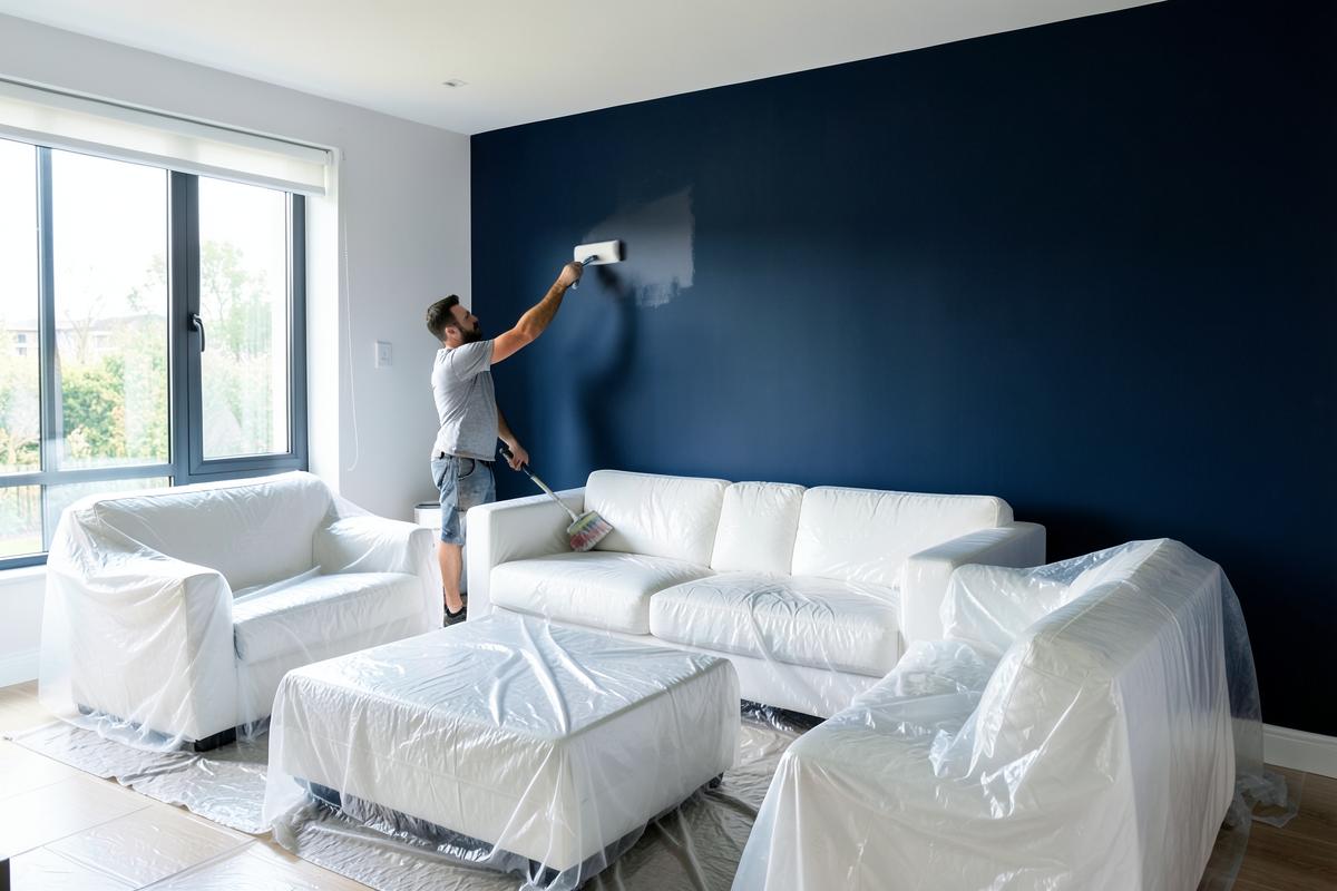Painter rolling a deep navy accent wall in a living room with furniture protected by sheets